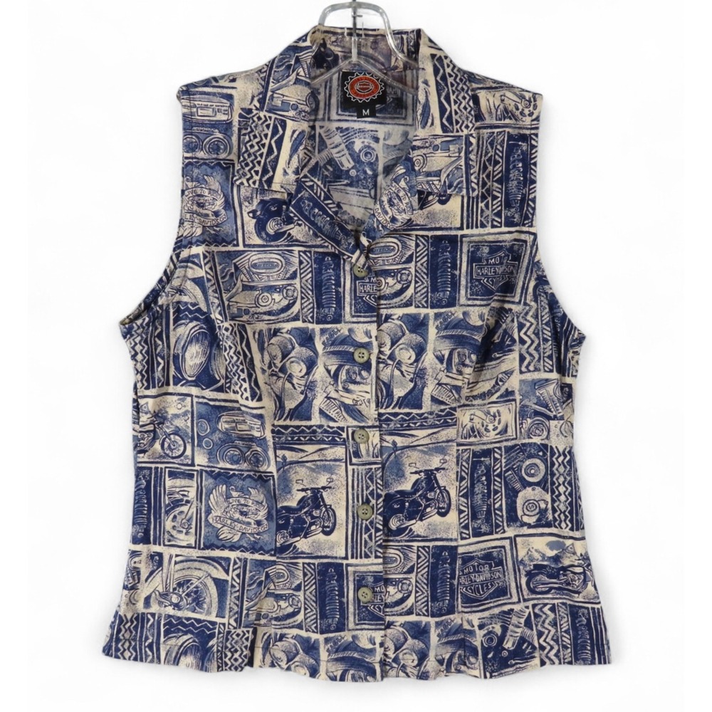 HARLEY DAVIDSON Blue Biker Hawaiian BATIK PRINT Sleeveless Button-Up Shirt Top M